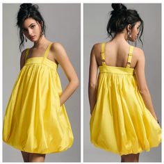 two pictures of a woman in a yellow dress with her back turned to the camera