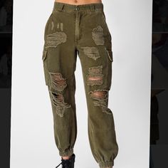 Never Worn Before. Perfect Condition. Green Grunge Bottoms For Streetwear, Distressed Relaxed Fit Pants For Fall, Trendy Distressed Pants For Fall, Urban Washed Pants For Fall, Relaxed Fit Distressed Pants For Fall, High-waist Distressed Cargo Jeans For Streetwear, Green Grunge Straight Leg Bottoms, Baggy Distressed Pants For Spring, Casual Distressed Bottoms For Fall