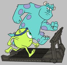 an animated cartoon character running on a treadmill with another monster in the back ground