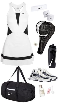 Tennis outfit. Black and white outfit. Tennis Fits, Athletic Wear Womens, Gymwear Outfits, Tennis Outfit Women, Tennis Outfit, Fitness Wear Outfits, Tennis Fashion, Tennis Clothes, Simple Trendy Outfits