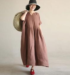 Coffee Loose Style Linen Dresses Summer long Women Dresses Short Sleev – SimpleLinenLife Beige Linen Solid Color Dress, Beige Linen Dress Solid Color, Casual Pleated Beige Maxi Dress, Casual Beige Pleated Maxi Dress, Solid Color Pleated Relaxed Fit Dresses, Linen Solid Color Daywear Dresses, Solid Color Linen Day Dresses, Casual Summer Dress With Wide Hem, Solid Color Linen V-neck Dress