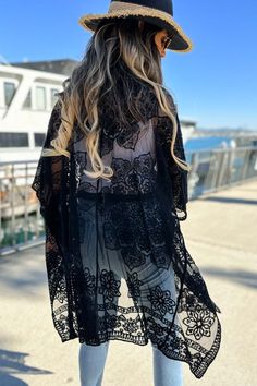 Detail: Floral Lace Sheer Dressy Kimono Cardigan Cover Up, One Size Elegant Summer Beach Cardigan, Elegant Summer Vacation Cardigan, Fitted Beach Cardigan For Spring, Elegant Beach Cardigan For Spring, Fitted Cardigan For Beach In Spring, Fitted Long Cardigan For The Beach, Elegant Long Cardigan For The Beach, Black Summer Beach Outerwear, Elegant Fall Beach Cardigan