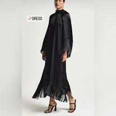 Classy Black Fringe Maxi Dress, Can Be Worn To Any Event. Great Quality And Mint Condition With Tag! Black Long Sleeve Silk Dresses, Black Silk Dress For Fall, Black Silk Maxi Dress For Fall, Black Floor-length Dinner Midi Dress, Orange Long Sleeve Dress, Giraffe Print Dress, 70s Fashion Dresses, Knee Length Dresses Casual, Tuck Dress