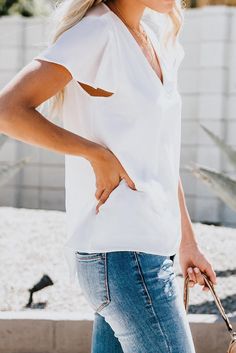 White V Neck Short Sleeve Tee Leaf Sleeve, Lotus Leaf, Orange T Shirts, Loose Outfit, Flutter Sleeve Top, Loose Blouse, Chiffon Blouse, Long Sleeve Knit, Flutter Sleeve