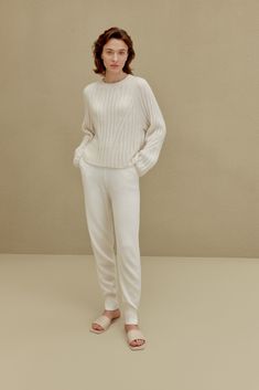 Knitted Ribbed Crew Neck Sweater – NEIWAI Ribbed Relaxed Fit Winter Sweater, Classic Knit Sweater With Ribbed Cuffs, Classic Relaxed Fit Ribbed Sweater, Relaxed Fit Ribbed Knit Top, Ribbed Cashmere Tops, Classic Ribbed Sweater For Spring, Classic Winter White Sweater With Ribbed Cuffs, Solid Color Ribbed Cashmere Tops, Classic Ribbed Spring Sweater