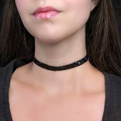 "A sparkly 10mm silver rhinestone choker featuring black crystal ribbon and silver hardware. Also available in silver and white aura! The length shown in photos is 12\" and more options are available. Each size comes with an additional 2.5\" extender chain. For best fit, measure around the smallest part of your neck (close to center) and choose the next smallest size. If you would like a different length, send me a message and I can make that for you :) Jewelry Care Tips For a Long, Happy Life T Cheap Black Choker For Festivals, Cheap Black Festival Choker, Luxury Black Formal Choker, Cheap Rhinestone Choker Jewelry, Cheap Black Festival Jewelry, Luxury Black Choker For Evening, Black Glittery Necklace, Cheap Crystal Choker Jewelry, Cheap Black Rave Jewelry