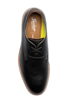 A plain toe and streamlined silhouette lend timeless sophistication to a rich leather derby grounded by a cushioned footbed and flexible rubber sole. Lace-up style Cushioned footbed Leather upper/textile lining/rubber sole Imported Formal Oxford Shoes With Ortholite Insole, Derby Oxfords With Ortholite Insole And Plain Toe, Formal Oxfords With Ortholite Insole, Formal Leather Oxfords With Ortholite Insole, Classic Oxfords With Ortholite Insole For Business, Derby Plain Toe Oxfords With Ortholite Insole, Business Casual Derby With Leather Footbed And Plain Toe, Plain Toe Oxfords For Derby With Branded Insole, Classic Dress Shoes With Ortholite Insole And Plain Toe