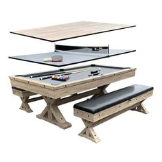 a pool table with two ping pong tables and a bench