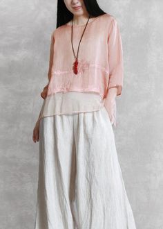 Style o neck asymmetric clothes Tunic Tops pink blouses

 Materials used:silk linen blended

Measurement:One size fits all for this item. Please make sure your size doesn't exceed this size: XXL/BUST-110cm   
   
Shoulder 40cm / 15.6"
bust 110cm / 42.9"
Sleeve length 30cm / 11.7"
Cuff 28cm / 10.92"
hem 120cm / 46.8"
length front 58cm / 22.62"
length back 62cm / 24.18"



We ship worldwide.

Tracking numbers provided for all orders. Spring Bohemian Crew Neck Blouse, Feminine Crew Neck Spring Blouse, Spring Long Sleeve Ramie Tops, Summer Lagenlook Blouse, Long Sleeve Ramie Blouse For Summer, Summer Layering Blouse With Asymmetrical Hem, Summer Long Sleeve Ramie Blouse, Spring Linen Lagenlook Blouse, Spring Lagenlook Linen Blouse