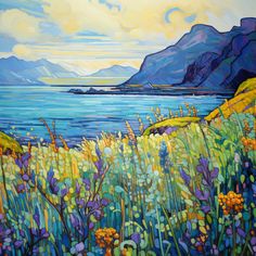 a painting of flowers by the water with mountains and clouds in the sky behind it