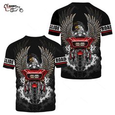 the front and back of a black shirt with an image of a motorcycle on it