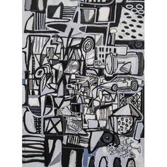 an abstract painting with black and white lines, shapes, and dots on the bottom