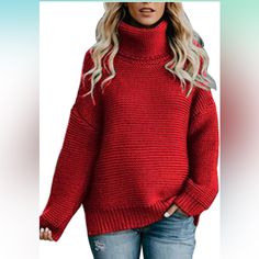 Oversized Red Turtleneck Sweater Trendy Oversized Red Outerwear, Cozy Red Sweater For Cold Weather, Red Solid Color Winter Tops, Red Sweater For Cold Weather, Red Turtleneck Sweater For Fall, Trendy Red Tops For Winter, Chic Red Oversized Outerwear, Casual Red Sweater For Cold Weather, Red Winter Tops