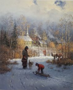 a painting of two people and their dogs in the snow