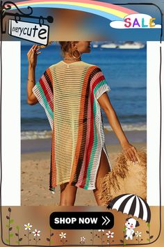 Yellow Hollow-out Rainbow Kimono Knit Beachwear Casual V-neck Sweater For Beach, Bohemian Knit Cover-up For Beach Season, White V-neck Sweater For Beach, Bohemian V-neck Summer Sweater, Casual Multicolor V-neck Cover-up, Knit Beachy Cover-up, Summer Knit Beach Party Cover-up, Beachy Knit Cover-up For Beach, Summer Knit Cover-up For Beach Party