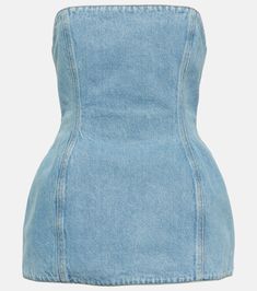 Strapless denim corset in blue - Magda Butrym | Mytheresa Strapless Medium Wash Cotton Denim Dress, Strapless Dark Wash Cotton Denim Dress, Denim Blue Dress With Zipper Closure, Denim Dress With Zipper Closure, Denim Blue Denim Dress With Zipper Closure, Fitted Cotton Jeans With Zipper Closure, Fitted Strapless Denim Cotton Dress, Fitted Denim Blue Cotton Top, Blue Strapless Cotton Denim Dress