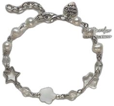 a silver bracelet with charms and stars on the clasp, which reads'love is in the air '