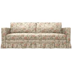 a floral couch with ruffles on the arms and back, against a white background