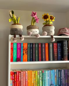 three bookshelves with flowers and stuffed animals on them