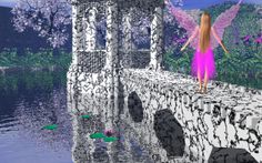 a fairy standing on a bridge over water