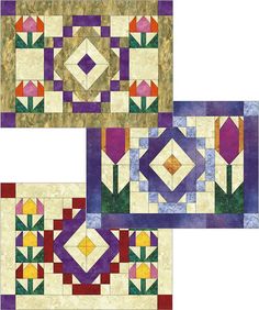 three quilts with different designs on them, one in purple and the other in yellow