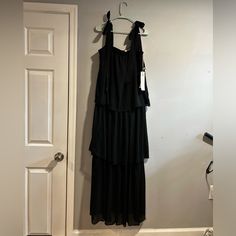 Beautiful Black Three Layered Dress With Built-In Slip, Pictures, Long Tie, Straps, Zipper, And Hook, And Eye Closure. Each Layer Features Small Pom-Poms 69% Polyester And 31% Recycled Polyester. The Lining Is 100% Polyester. Black Tiered Midi Dress For Evening, Black Tiered Maxi Dress For Night Out, Black Tiered Maxi Dress For Formal Occasions, Nature Dresses, Nature Dress, Layered Dress, Pom Poms, Colorful Dresses, Built In