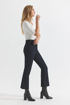 The Cropped Crosby Flare Trouser is a high-rise style with a slim fit from the waist through the thigh that flares below the knee and stops above the ankle. Based off our cult-favorite Robertson flared twill trouser. This pant features an ultra clean upper with a hidden zip fly plus hook-and-bar closure with back welt pockets. The press crease detail gives it a tailored finish. crafted in our bi-stretch crosby twill. Crafted with our bi-stretch crosby twill for extra comfort. Crop Flare, High Rise Style, Flare Pant, Derek Lam 10 Crosby, Cropped Flares, Flare Trousers, Derek Lam, The Press, Flare Pants