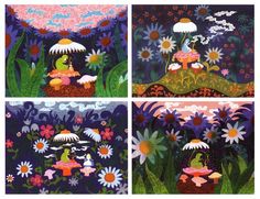 four different pictures of flowers and plants in the same color scheme, each with an image of a woman sitting on a mushroom