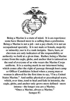 the marine seal with an eagle on it's chest and words below that read, being a marine is one of mind