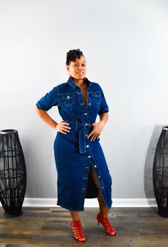 This beautiful denim dress is a classic staple that can worn multiple ways. Wear me as a jacket or a dress and make me a statement, #PERIOD. Open me up, throw on a full bodysuit and some thigh high boots and baby it's a new look or keep me button up and wear me as is. It's a game changer sure to make your closet better. Don't hesitate just add me! Stretch denim dress Collar Short sleeve Button closure 68% Cotton 30% Polyester 2% Spandex Hand wash cold Our beautiful model Tiffany is wearing a Medium. Spring Denim Midi Dress For Night Out, Spring Midi Length Denim Dress For Night Out, Belted Medium Wash Dress For Work, Spring Denim Workwear Dresses, Belted Dark Wash Denim Dress For Fall, Chic Denim Blue Dress For Fall, Chic Denim Midi Dress, Fitted Midi Dress With Pockets For Day Out, Chic Belted Denim Dress For Fall