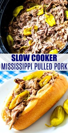 slow cooker mississippi pulled pork with jalapenos and pickles on the side