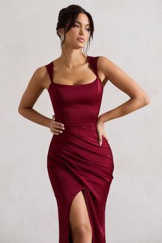 A Romantic Berry Satin Corset Wrap Maxi Dress – Club L London - USA Chic Satin Prom Dress With Corset Back, Fitted Satin Dress With Ruched Bodice And Maxi Length, Fitted Satin Finish Maxi Dress For Gala, Elegant Satin Dress With Corset Back For Date Night, Elegant Satin Square Neck Dress For Date Night, Elegant Corset Dress For Prom Season Date Night, Elegant Formal Ruched Corset Dress, Fitted Long Satin Dress For Gala, Fitted Satin Maxi Dress For Gala