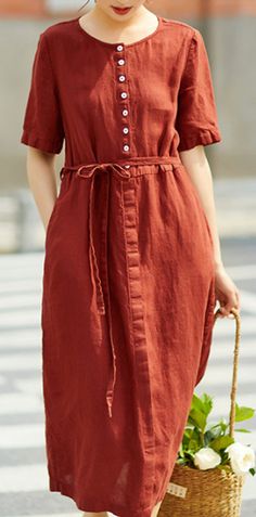 Red Women Dresses Short Sleeve Casual Summer Linen Women Dresses Cotton Linen Dresses Summer, Casual Brown Linen Beach Dress, Casual Solid Color Linen Dress For Vacation, Solid Color Linen Dress For Daywear, Linen Dress For Daywear, Plain Linen Dress For Spring, Summer Bohemian Linen Dress, Casual Linen Beach Dress In Solid Color, Casual Plain Linen Summer Dress