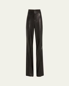 Alice + Olivia "Dylan" pants in fauxleather (polyurethane/polyester)    Approx. 32.25" inseam; 11" rise    High rise    Pintucked front    Back welt pockets    Wide legs    Full length    Hook/zip fly    Lining: Polyester    Dry clean    Imported Chic Straight Leg Leather Pants, Sleek Leather Bottoms For Fall, Chic Leather Straight Pants, Chic Straight Leather Pants, Chic Leather Straight Leg Bottoms, Sleek High Rise Leather Pants, High Waist Leather Bottoms For Fall, Chic Full-length Faux Leather Pants, Modern Fitted Leather Bottoms