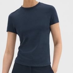 Fitted Stretch-Nylon Tee From Theory. Never Worn, Perfect Condition. Classic Blue T-shirt For Casual Work, Classic Blue T-shirt For Work, Navy Fitted Modern Top, Modern Fitted Navy Tops, Modern Fitted Navy Top, Navy Modern Tops For Work, Modern Navy Tops For Work, Navy Stretch Top For Work, Navy Stretch Top For Workwear