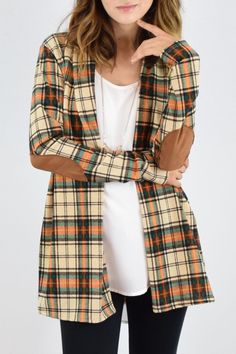 94% Polyester 6% Spandex Made in the USA Last piece Stretch Cotton Cardigan For Fall, Fall Cotton Blazer With Patchwork, Brown Fall Blazer For Layering, Fall Plaid Patchwork Outerwear, Plaid Patchwork Outerwear For Fall, Fall Outerwear For Layering, Patchwork Blazer For Workwear In Fall, Casual Stretch Blazer For Fall, Fall Patchwork Outerwear For Layering