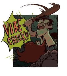 an image of a cartoon character holding a baseball bat with the word vibe check on it