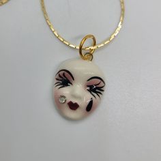 Vintage Fancy Faces Hand Painted Porcelain Mask Pendant With Teardrop Design With Rhinestone On 17" Brass Chain Unworn, In Original Packaging Porcelain Mask, Quirky Girl, Face Jewellery, Face Necklace, Funky Jewelry, Painted Porcelain, Hand Painted Porcelain, Doll Face, Brass Chain