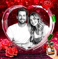 a man and woman are in a heart - shaped photo frame with roses around them