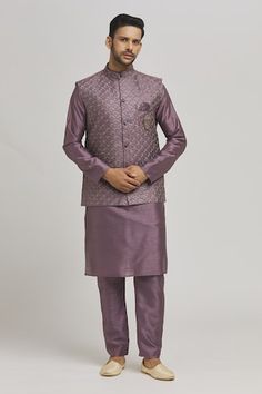 Purple bundi with thread embroidered peacock patterns and sequin work embellishments. Comes with inner kurta and pant. - Aza Fashions Unstitched Festive Nehru Jacket For Reception, Festival Chanderi Bandhgala For Reception, Festive Designer Wear Chanderi Nehru Jacket, Festive Chanderi Nehru Jacket For Designer Wear, Chanderi Nehru Jacket For Designer Wear And Festive, Elegant Chanderi Nehru Jacket For Festive Occasions, Festive Designer Nehru Jacket With Chikankari Embroidery, Diwali Nehru Jacket With Resham Embroidery For Reception, Embroidered Nehru Jacket For Reception, Straight Shape