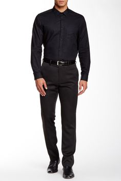 Slim fit dress pants deliver polished style.Fit: this style fits true to size. Approx. 11" rise, 32" inseam. Flat front. Zip fly with hook-and-bar closure. Front slant pockets . Back besom pockets with button closure. Slim leg. Approx. 10.5" rise, 32" inseam (size 32x32). Imported  This item cannot be shipped to Canada and Puerto Rico.  Orders cannot be shipped to Canada and Puerto Rico. Machine wash cold, tumble dry low 100% polyester Black Dress Shirt And Pants Men, Black Suit Pants Outfit Men, Mens Slacks Outfit Casual, Black Dress Pants Outfit Men, Semi Formal Mens Attire, All Black Wedding Guest Outfit Men, Hoco Boys Outfits, Mens Cocktail Attire Parties, Homecoming For Guys