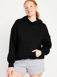 built-in hood drop-shoulder sleeves rib-knit cuffs kangaroo pocket rib-knit hem pull-over style oversized fit hits at hip models are approx.  5'9" and wear sizes s (4), l (12), and xl (18) Cozy At Home, Chic Pants, Feminine Blouses, Oversized Pullover, Jack Black, Oversized Hoodie, Knit Cuff, Petite Size, Shoulder Sleeve