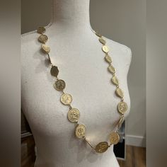 Gold Necklace Long Coin Necklace Nwot Gold Coin Jewelry Long, Elegant Gold Coin Necklace Nickel Free, Gold Elegant Long Coin Necklace, Traditional Gold Coin Necklace For Festivals, Metal Long Necklace With Coin Pendant, Gold-tone Elegant Coin Necklace, Gold Necklace Long, Long Gold Necklace, Coins Jewelry