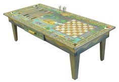 Cool colored jungle vs ocean game table with 3 fun games to play with loved ones Painted Game Table, Hand Painted Coffee Table, Coffee Table Games, Painted Coffee Table, Cribbage Pegs, Painted Furniture For Sale, Fun Games To Play, Sticks Furniture, Art Pole