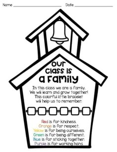 a coloring page with the words our class is a family and a bell on it