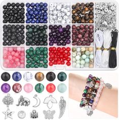 *-* GREAT VALUE SET: This 473pcs crystal bead kit come with 300pcs 8mm natural stone beads in 12 colors along with 3 rolls of elastic bracelet string cord and 170pcs bracelet accessories, great for bracelet and jewelry making *-* HEALING STONES FOR JEWELRY MAKING: This stone bead bracelet making kit includes lava beads, Chakra Beads which can relieve the pressure and increase the powers of concentration by accelerating the metabolism and absorbing negative energy. You can use all these natural s Bead Bracelet Making, Crystal Stone Bracelet, Chakra Beads Bracelet, Healing Beads, Bead Bra, Bracelet Making Kit, Earring Kit, Chakra Beads, Stones For Jewelry Making