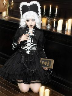 ❤︎Dark gothic lace-up top + volume dress❤︎ Lace Up Blouse, Gothic Princess, Op Dress, Jumper Skirt, Black White Dress, White Ribbon, Dress Set, Gothic Lolita, Trendy Fashion Women