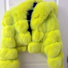 Mustard Neon Fox Fur Crop Onsale- From @Thedollhousemink - I Am The Owner! This Is A Showroom Sale ( Ready To Ship) Although You Can Buy From My Website Alsothis Fur Is A Crop Hooded- Originally Priced $$700 (Size 12)- Comfortably Fits Sizes 8-12 Zipper Closure Yellow Fall Party Outerwear, Cosmic Carnival, Zebra Print Fashion, Channel Shoes, Grey Skirt Suit, Neon Carnival, Fur Costume, Unusual Clothes, Faded Glory Jeans