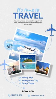 an advertisement for a travel company with images of people and planes in the sky, on a white background