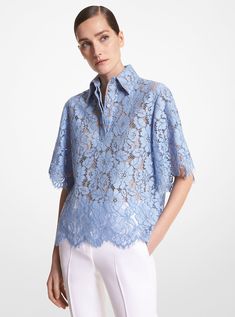 Cotton Blend Floral Lace Shirt | Michael Kors Co Ords Outfits With Lace, Elegant Scalloped Lace Top For Daywear, Elegant Scalloped Lace Top, Chic Scalloped Lace Top For Daywear, Collared Lace Tops For Work, Spring Formal Tops With Scalloped Lace, Formal Spring Tops With Scalloped Lace, Spring Formal Scalloped Lace Tops, Formal Scalloped Lace Tops For Spring